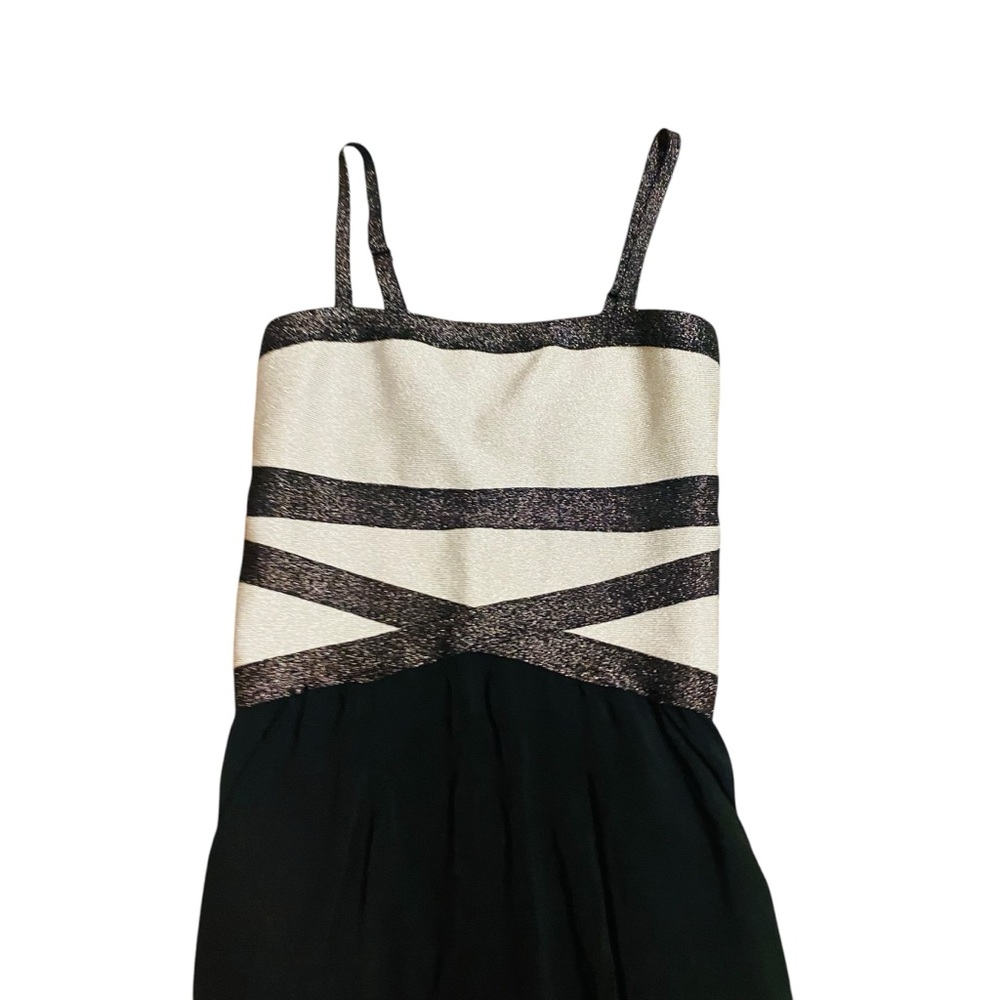 bebe Black and Cream Striped Sequin Bodice Jumpsuit - Picture 3 of 7